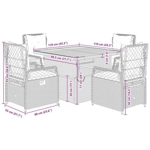 Spisebordssæt til haven 5 dele med hynder polyrattan beige