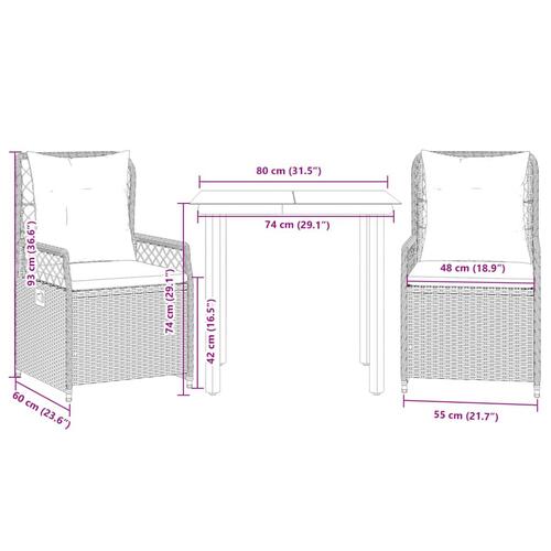 Spisebordssæt til haven 3 dele med hynder polyrattan beige
