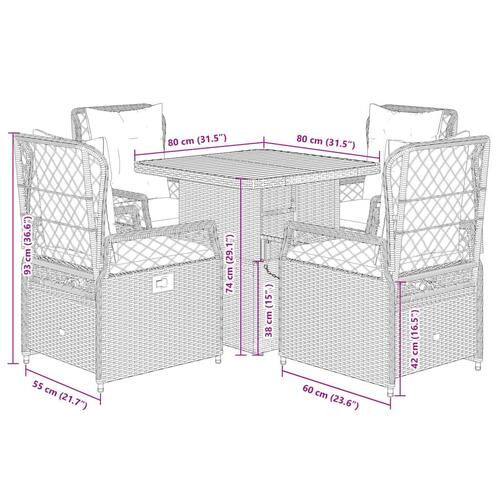 Spisebordssæt til haven 5 dele med hynder polyrattan beige