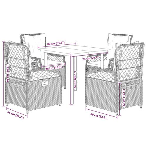 Spisebordssæt til haven 5 dele med hynder polyrattan lysegrå