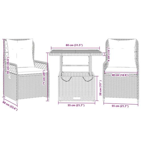 Spisebordssæt til haven 3 dele med hynder polyrattan beige