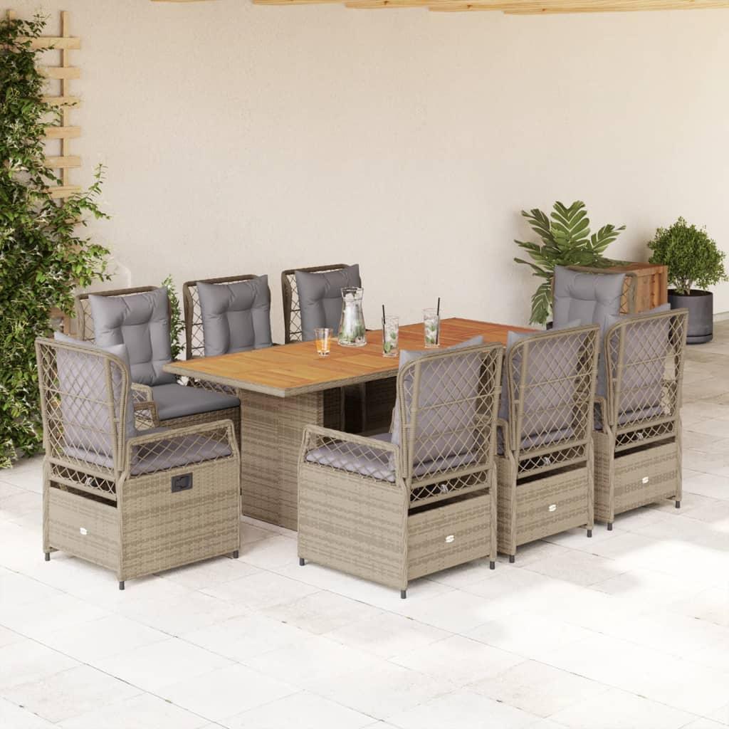 Spisebordssæt til haven 9 dele med hynder polyrattan beige