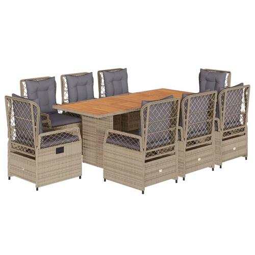 Spisebordssæt til haven 9 dele med hynder polyrattan beige