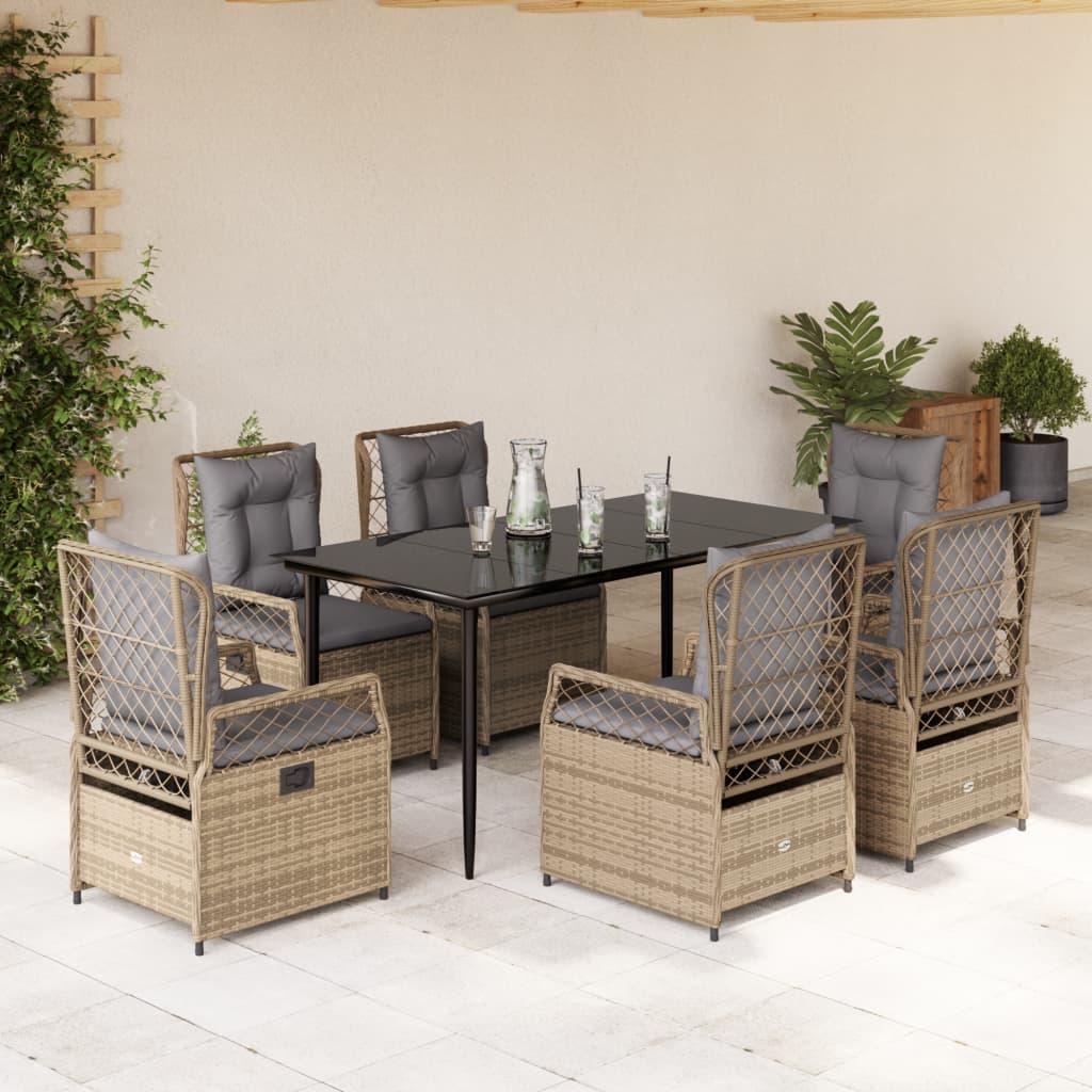 Spisebordssæt til haven 7 dele med hynder polyrattan beige