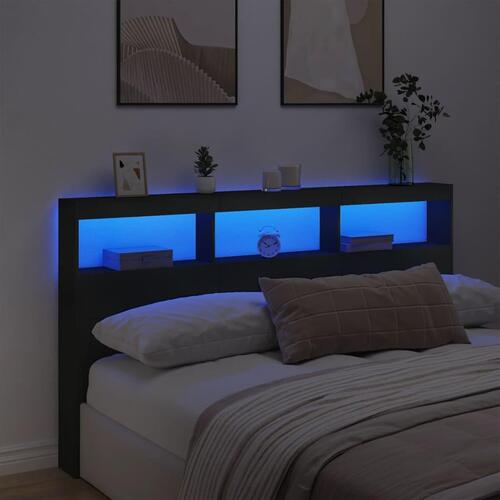 Sengegavl med opbevaring og LED-lys 180x17x102 cm sort
