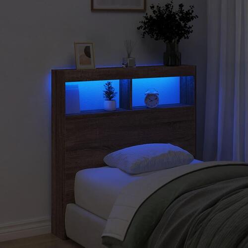 Sengegavl med opbevaring og LED-lys 100x17x102 cm brunt eg