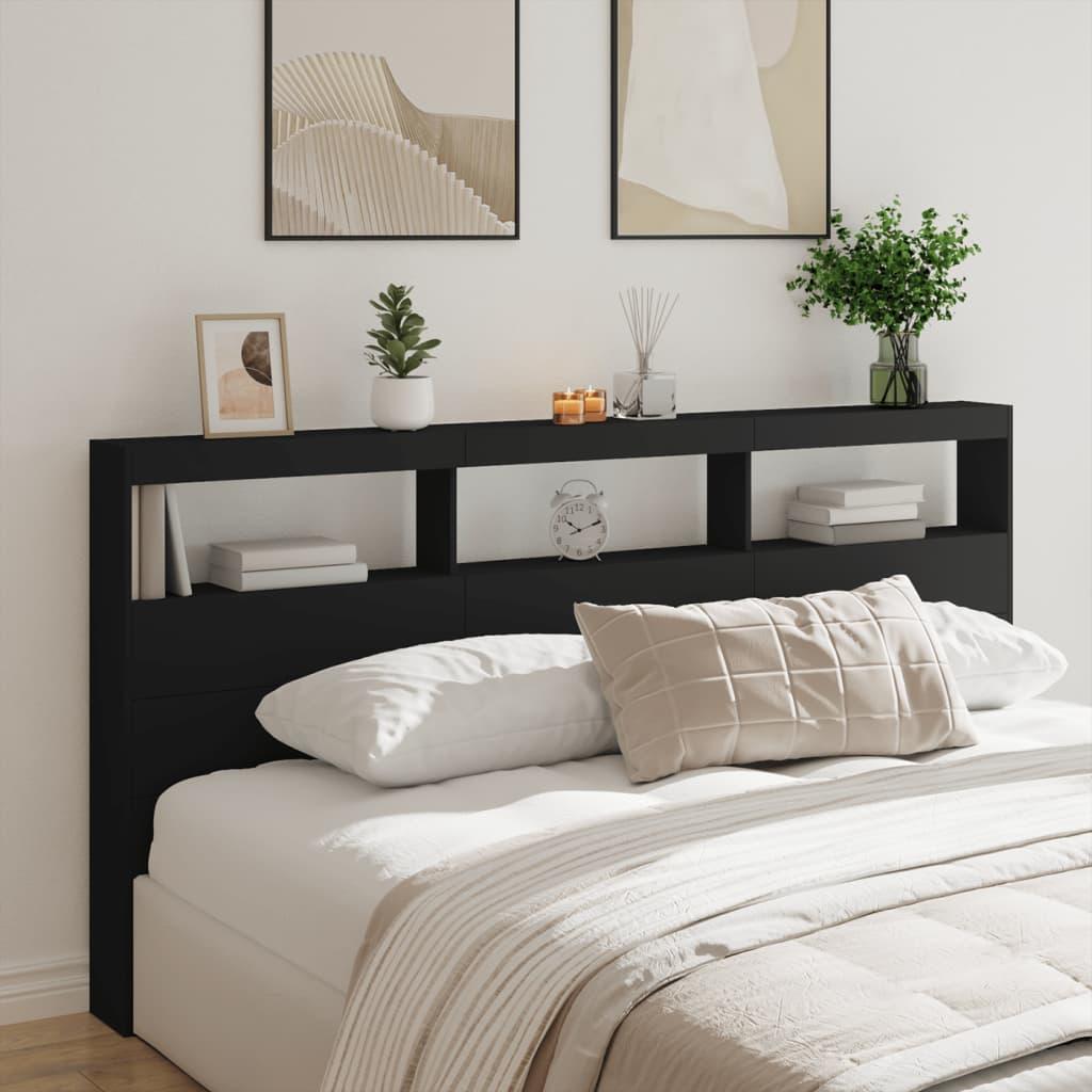 Sengegavl med opbevaring og LED-lys 200x17x102 cm sort