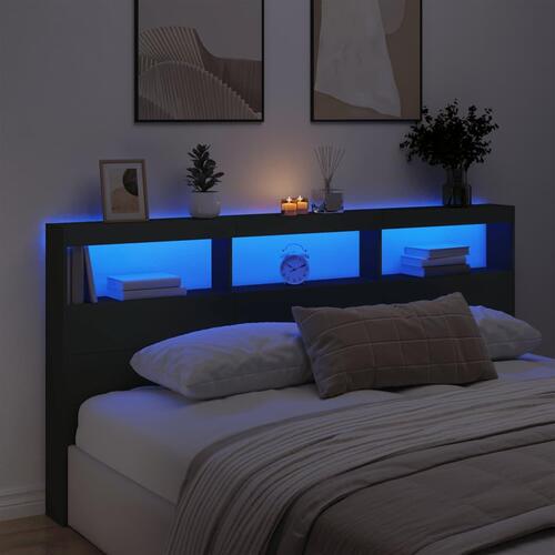 Sengegavl med opbevaring og LED-lys 200x17x102 cm sort