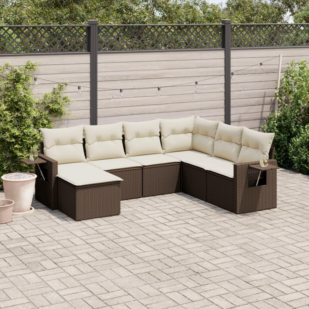 Havesofasæt i polyrattan - 7 dele med hynder, brun