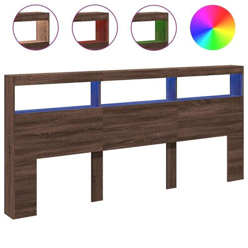 Sengegavl med opbevaring og LED-lys 220x17x102 cm brunt eg