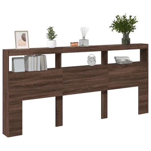 Sengegavl med opbevaring og LED-lys 220x17x102 cm brunt eg