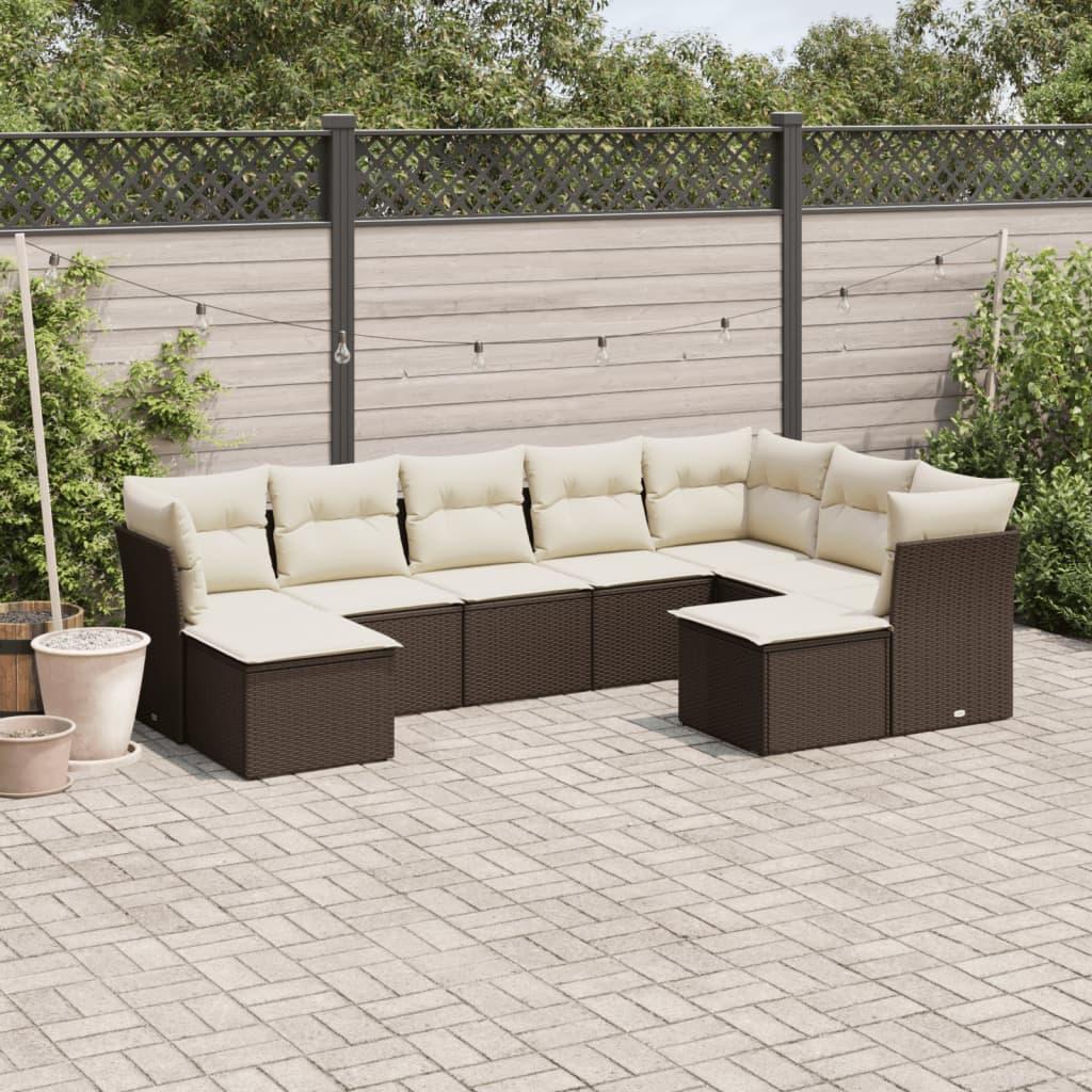 Sofasæt til haven i polyrattan - 9 dele med hynder, brun