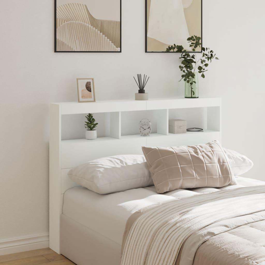 Sengegavl med opbevaring og LED-lys 140x17x102 cm hvid