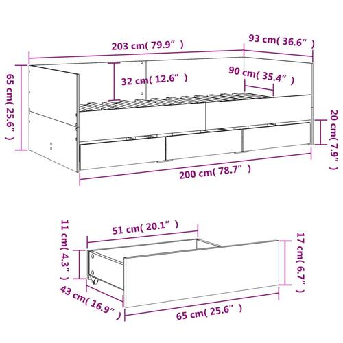Daybed med skuffer uden madras 90x200 cm betongrå