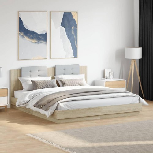 Sengeramme med sengegavl 180x200 cm konstrueret træ sonoma-eg