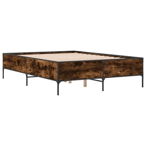 Sengestel 135x190cm konstrueret træ og metal røget egetræsfarve