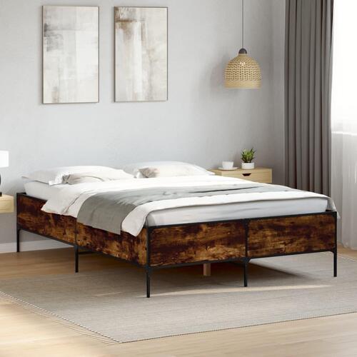 Sengestel 135x190cm konstrueret træ og metal røget egetræsfarve
