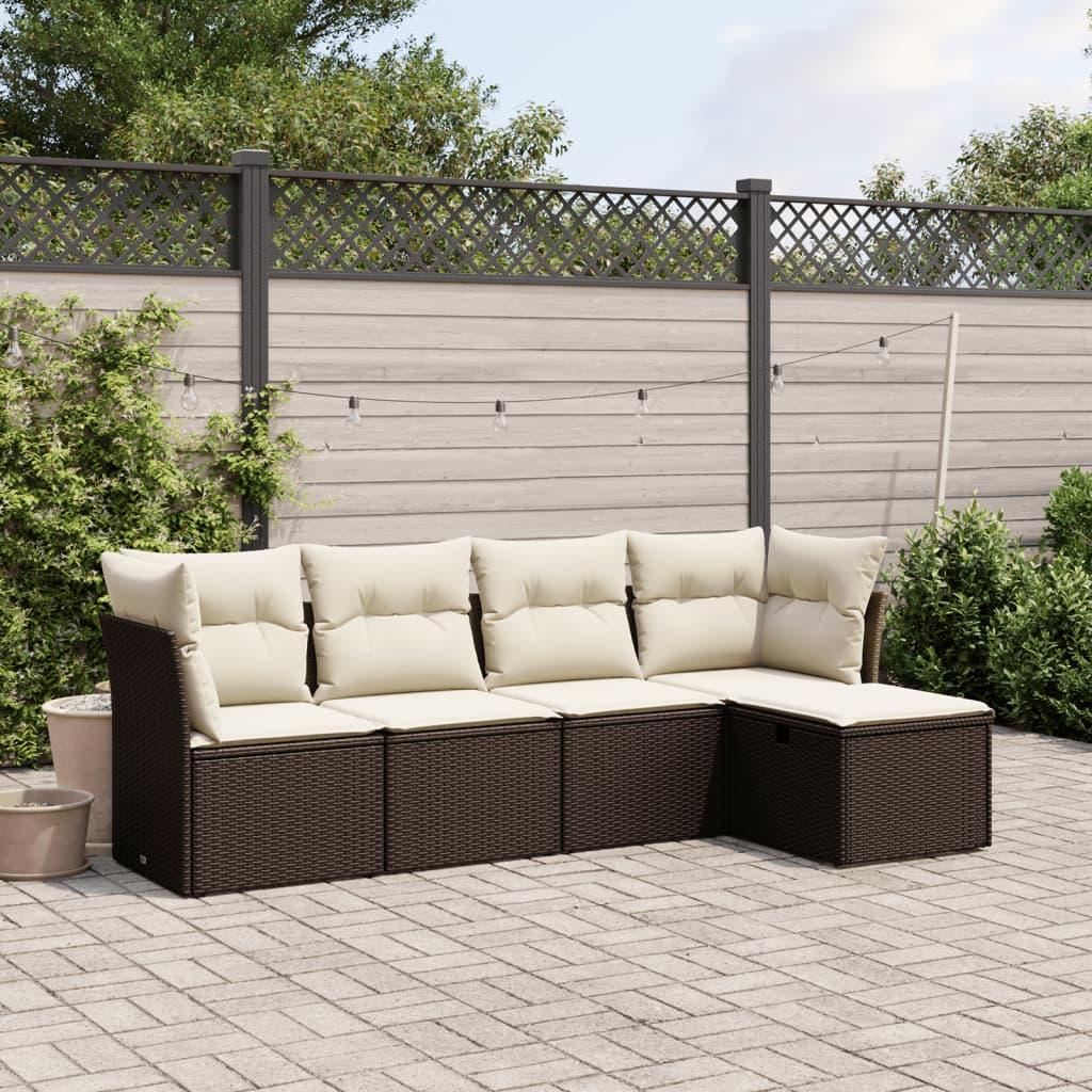 Sofasæt til haven 5 dele med hynder polyrattan brun