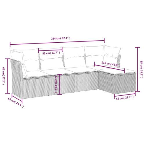 Sofasæt til haven 5 dele med hynder polyrattan brun