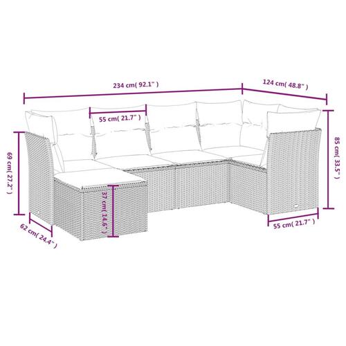 Sofasæt til haven 6 dele med hynder polyrattan brun