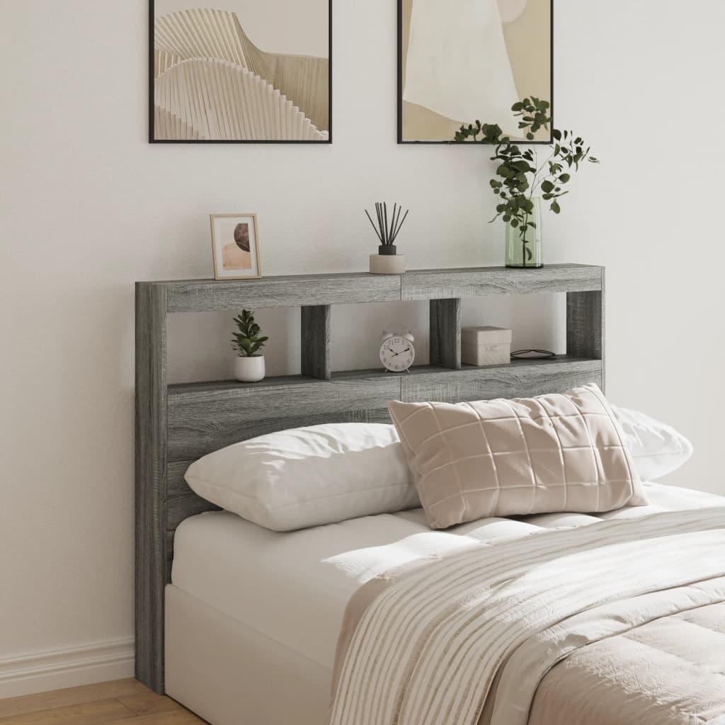 Sengegavl med opbevaring og LED-lys 140x17x102 cm grå sonoma-eg