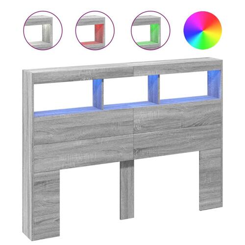 Sengegavl med opbevaring og LED-lys 140x17x102 cm grå sonoma-eg