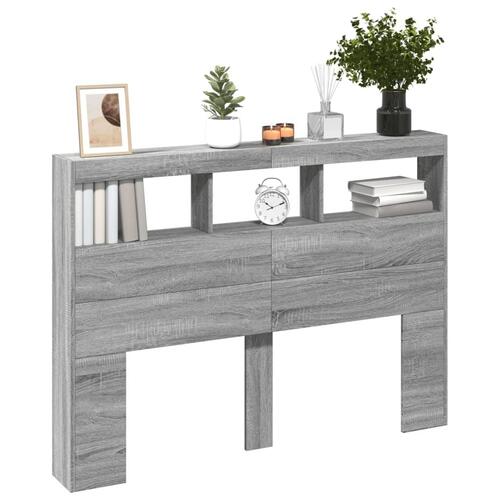 Sengegavl med opbevaring og LED-lys 140x17x102 cm grå sonoma-eg