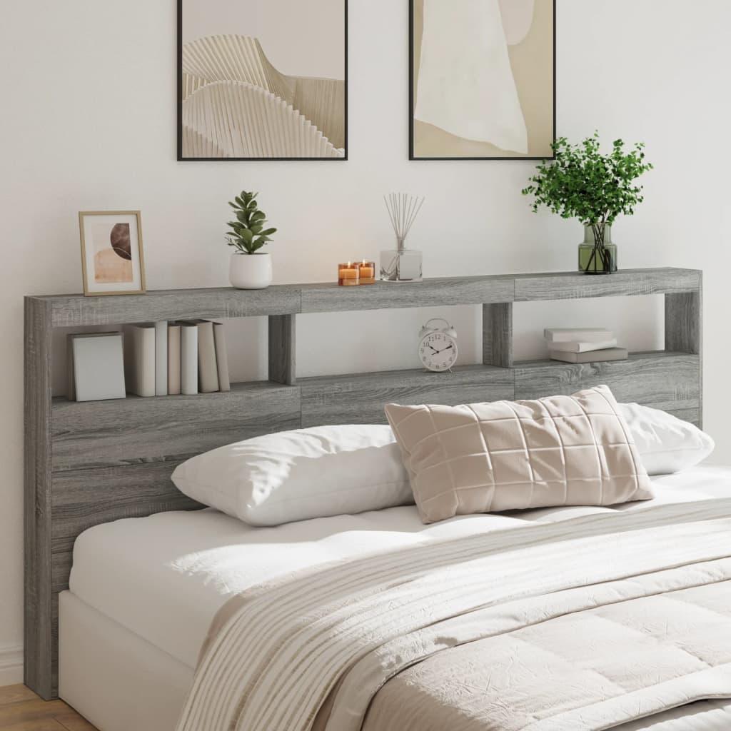 Sengegavl med opbevaring og LED-lys 220x17x102 cm grå sonoma-eg