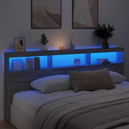 Sengegavl med opbevaring og LED-lys 220x17x102 cm grå sonoma-eg