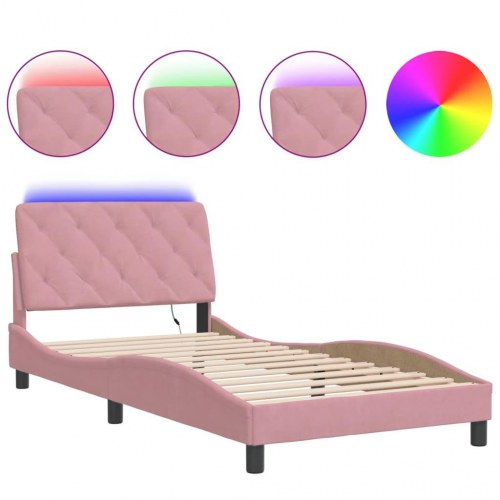 Sengeramme med LED i velour 100 x 200 cm uden madras - lyserød