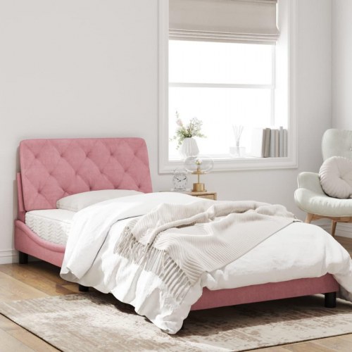 Sengeramme med LED i velour 100 x 200 cm uden madras - lyserød