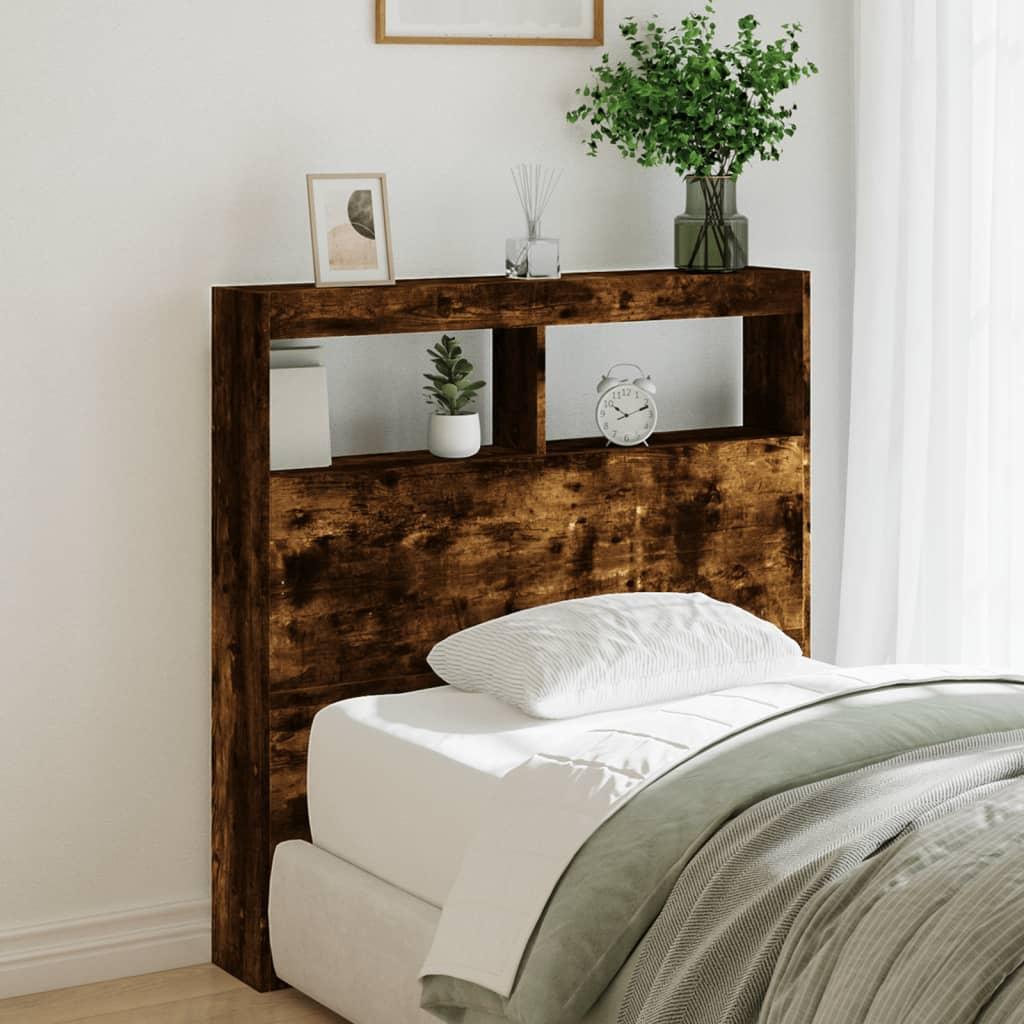 Sengegavl med opbevaring og LED-lys 100x17x102 cm røget eg