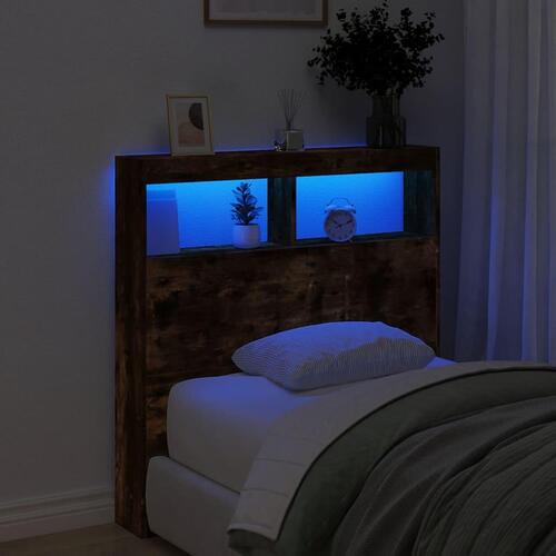 Sengegavl med opbevaring og LED-lys 100x17x102 cm røget eg
