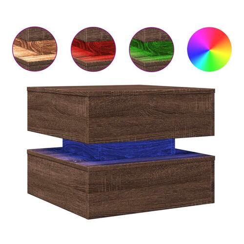 Sofabord med LED-lys 50x50x40 cm brun egetræ