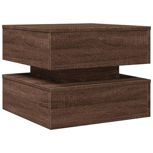 Sofabord med LED-lys 50x50x40 cm brun egetræ