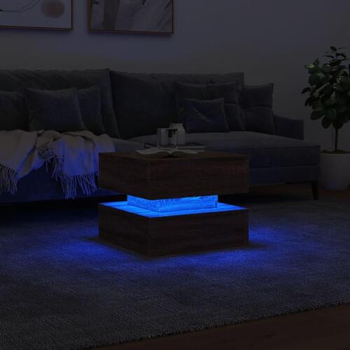 Sofabord med LED-lys 50x50x40 cm brun egetræ