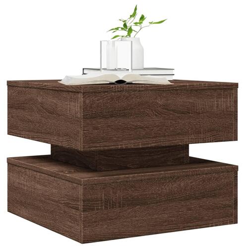 Sofabord med LED-lys 50x50x40 cm brun egetræ