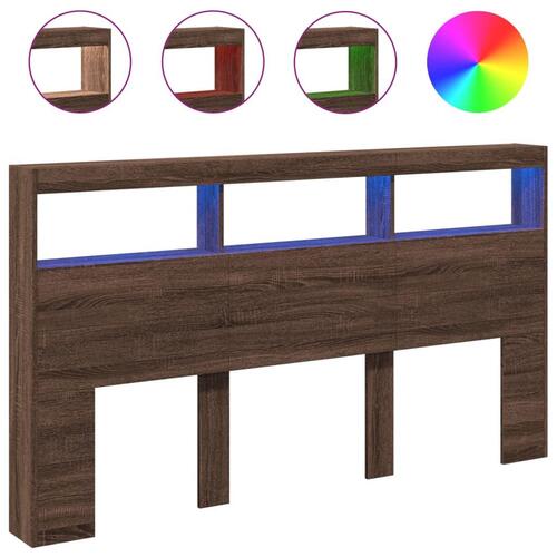 Sengegavl med opbevaring og LED-lys 180x17x102 cm brunt eg