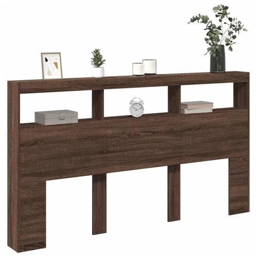 Sengegavl med opbevaring og LED-lys 180x17x102 cm brunt eg