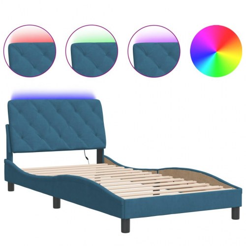Sengeramme med LED i fløjl uden madras 100 x 200 cm - blå