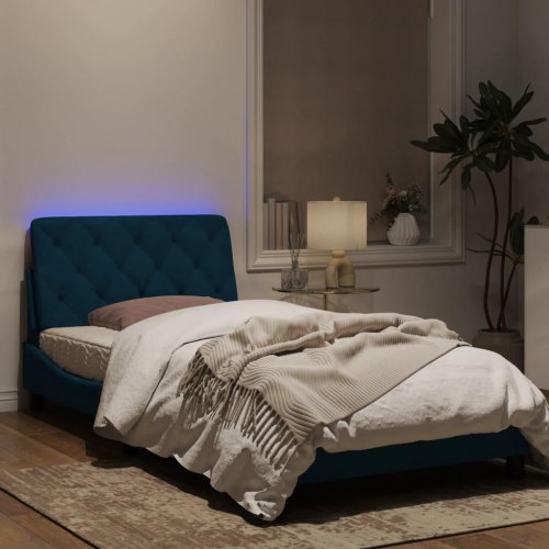 Sengeramme med LED i fløjl uden madras 100 x 200 cm - blå