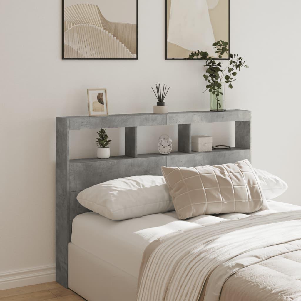 Sengegavl med opbevaring og LED-lys 140x17x102 cm betongrå