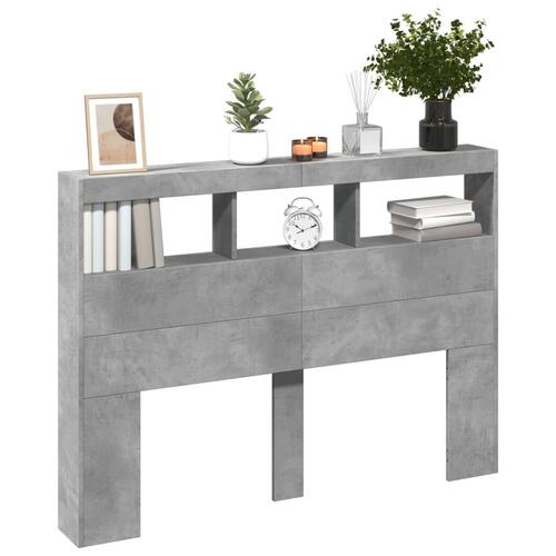 Sengegavl med opbevaring og LED-lys 140x17x102 cm betongrå
