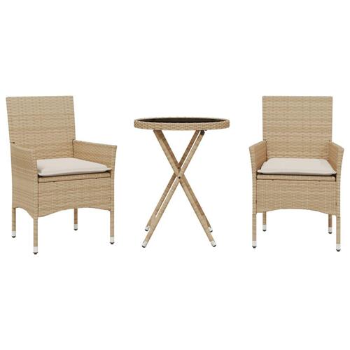 Bistrosæt til haven 3 dele med hynder polyrattan og glas beige