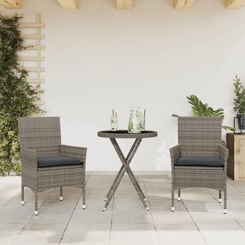 Bistrosæt til haven 3 dele med hynder polyrattan og glas grå