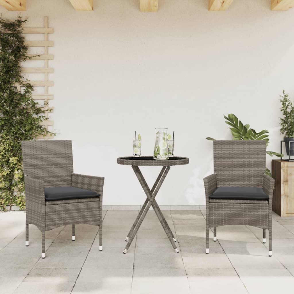 Bistrosæt til haven 3 dele med hynder polyrattan og glas grå