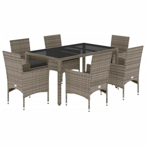 Spisebordssæt til haven 7dele med hynder polyrattan og glas grå