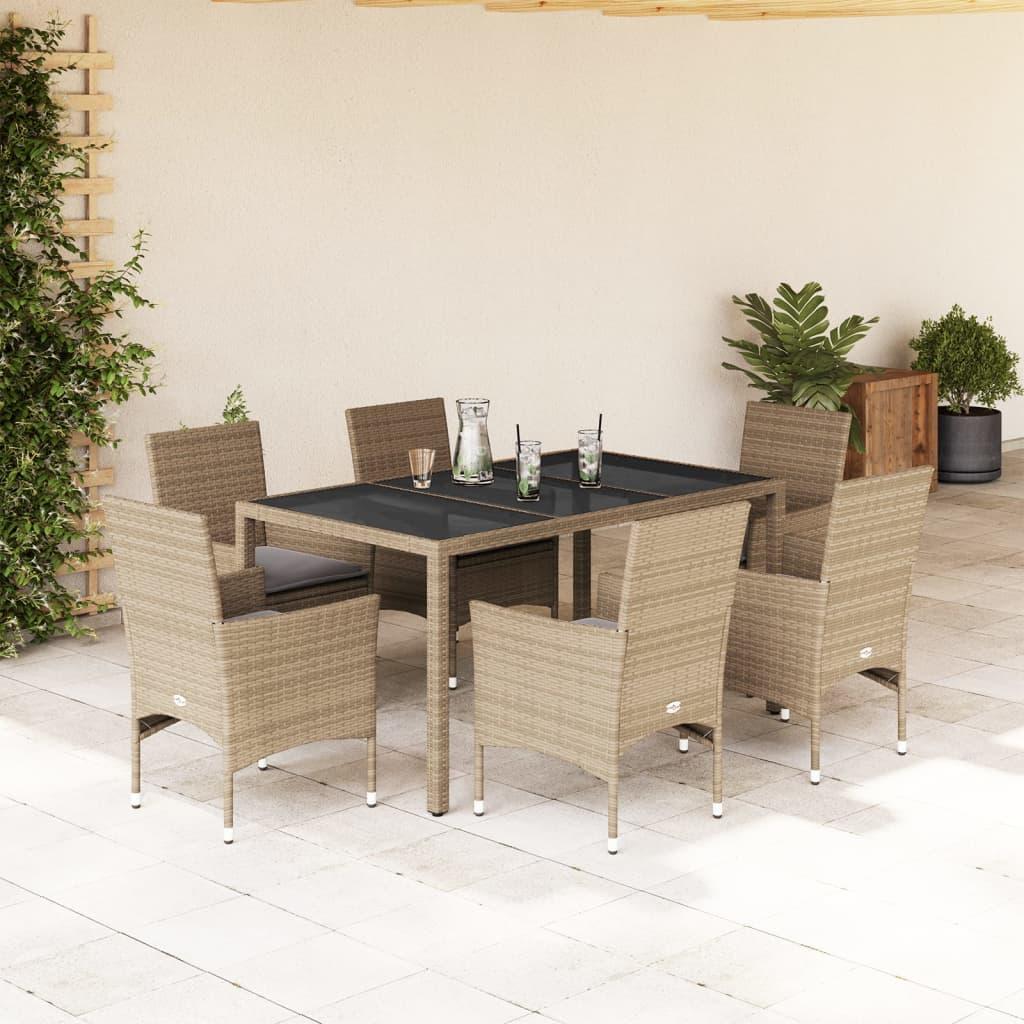 Spisebordssæt til haven 7 dele med hynder polyrattan og glas