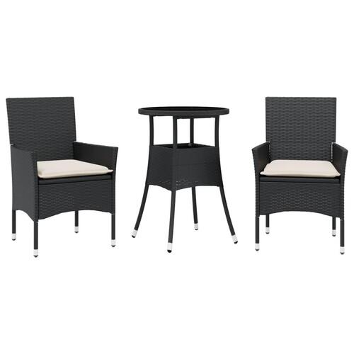 Spisebordssæt til haven 3dele m. hynder polyrattan og glas sort