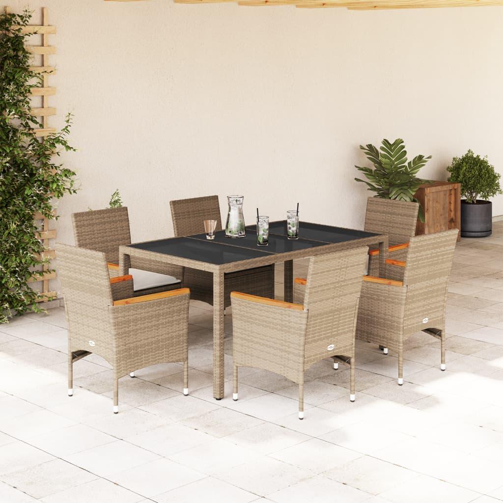 Spisebordssæt til haven 7 dele med hynder polyrattan og glas